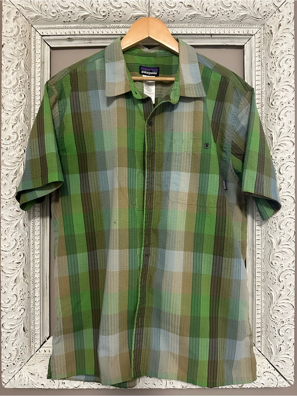 Patagonia Men's Short-Sleeve Puckerware Shirt - Green Plaid Seersucker - Size XL